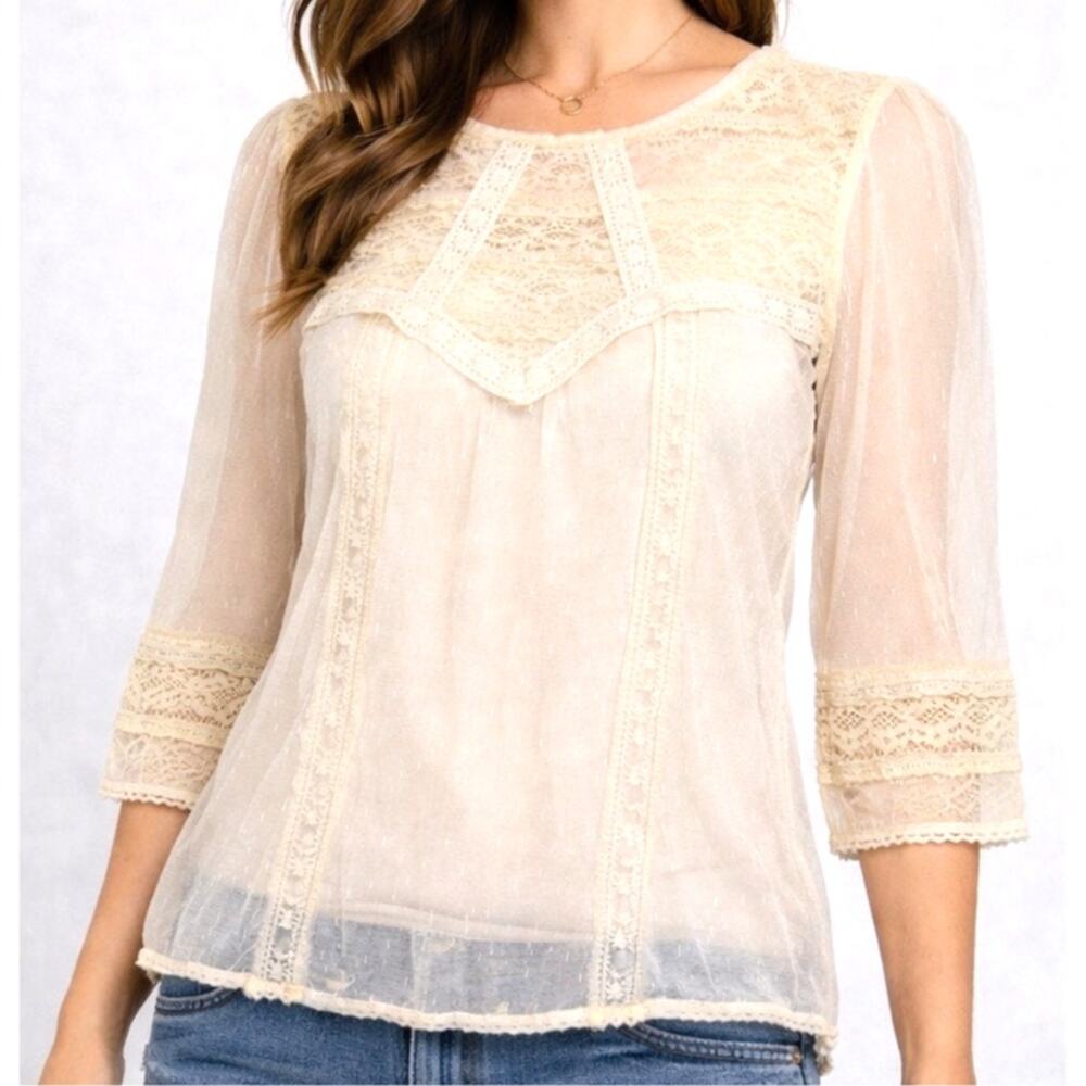 J Gee Sheer Lace Boho Blouse Cream Romantic Peasant Top Medium Festival